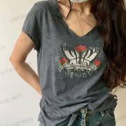 vintagewen美式复古深灰色，v领蝴蝶，做旧短袖t恤女夏季上衣百搭
