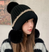 毛线帽子女秋冬2023保暖护耳，防风大头围，加绒加厚毛球针织帽子
