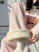 粉色裤子女秋冬季2023针织，窄版加绒阔腿裤，休闲高腰直筒糯米裤