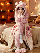 珊瑚绒睡袍棉睡衣女，冬季加厚款三层套装秋冬季保暖夹棉袄中长款家