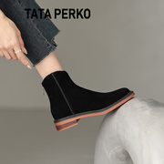 TATA PERKO联名磨砂翻毛皮马丁靴女低跟英伦短靴踝靴黑色加绒