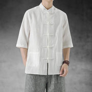 新中式男装白衬衫长袖盘扣中国风亚麻唐装，高级感短袖道袍外套衬衣