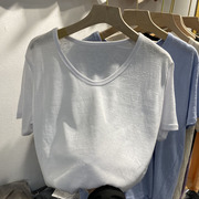 大码宽松v领纯色短袖t恤女棉麻亚麻棉，2024年欧货欧洲站上衣