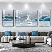 福鹿山水客厅装饰画轻奢高级感沙发背景墙蓝色，抽象三联挂画墙壁画