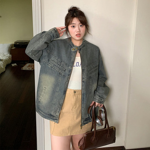 YUZI鱼子上衣水洗牛仔外套大码女装微胖mm显瘦遮肉200斤美式复古