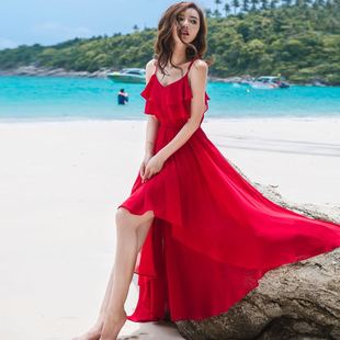 吊带裙夏季大红色雪纺连衣裙泰国三亚海边度假超仙显瘦沙滩裙