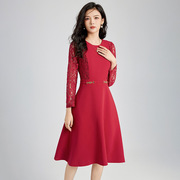 HONB红贝缇品质本命年红色打底连衣裙订婚女装蕾丝气质礼服裙子