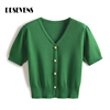 绿色v领短袖开衫，女春夏季百搭修身短款针织衫金属扣韩版上衣