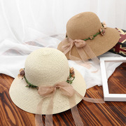 帽子女海边夏季防晒太阳草帽可折叠沙滩遮阳帽花朵花环凉帽韩版潮