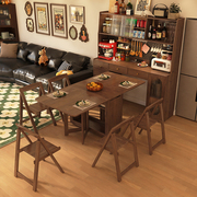 实木折叠餐桌餐边柜一体可伸缩式复古小户型带胡桃色，靠墙家用桌子