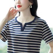 纯棉短袖t恤女条纹上衣服2025新款夏装宽松大码中年妈妈体恤半袖