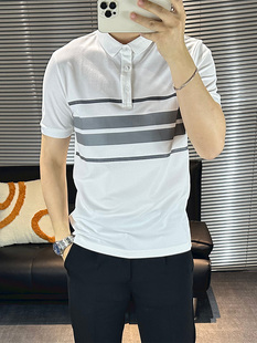2024夏季男士时尚条纹短袖Polo衫青年韩版休闲小领口翻领短袖体恤