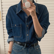 韩国chic秋季洋气复古翻领明线设计宽松长袖水洗牛仔衬衫上衣女