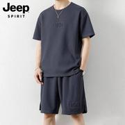 jeep吉普男士短袖休闲套装，夏季薄款痞帅短裤潮牌运动服两件套男款