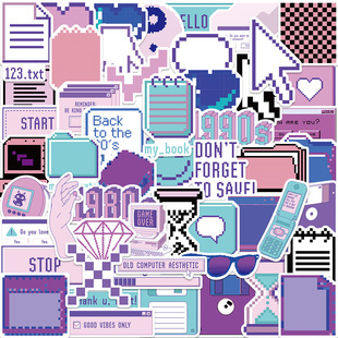 53张卡通紫色像素风蒸汽波涂鸦贴纸行李箱手机壳电脑ipad装饰素材