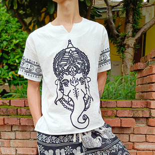 泰国风网红款大码白色棉麻，大象短袖t恤2019夏季宽松潮流男士上衣