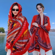 青海西藏云南茶卡盐湖旅游拍照披肩，女民族风挂须红色围巾沙漠丝巾