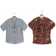 vintage古着孤品日本制夏季复古文艺森女短袖，衬衫大花圆点围巾领
