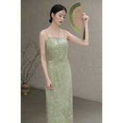 山有色原创夏季新中式女装中国风原创自制绿色人丝提花内搭吊带裙