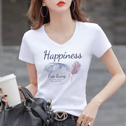 V领白色t恤女短袖纯棉2023夏季修身显瘦体恤衫韩版洋气上衣潮