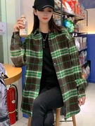 加厚格子衬衫女外套春秋季韩版百搭慵懒风中长款网红绿色上衣