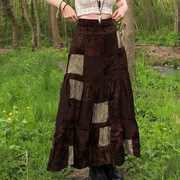 欧美风复古系拼布印花丝绒半身裙棕色高腰显瘦字长裙