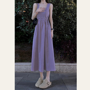 高级感紫色连衣裙女夏季2023韩版方领无袖背心裙收腰显瘦长裙