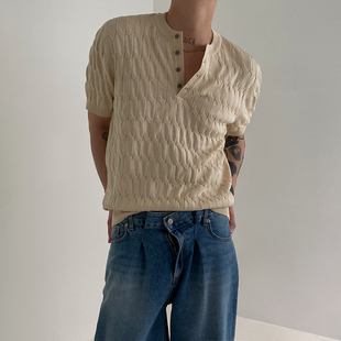 mrcyc亨利领针织衫t恤男士短袖，夏季薄款麻花，设计韩版潮流宽松半袖
