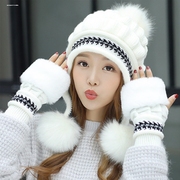 韩国毛线帽子潮女可爱冬季加绒护耳帽骑车学生手套女冬天厚针织帽