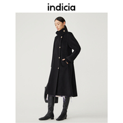 indicia羊毛毛呢大衣长，款双面呢黑色外套，腰带冬季标记女装