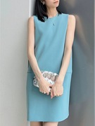 设计轻奢蓝色无袖连衣裙子女装，夏季2024小香风法式质感高级感