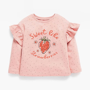女童草莓长袖t恤粉红色上衣儿童，纯棉春秋装，宝宝木耳边打底体恤衫6