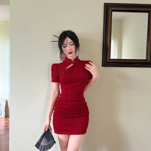 红色改良旗袍收腰显瘦连衣裙女夏季性感甜辣小个子包臀短裙子