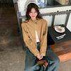 韩版短款卡其色麂皮感复古外套，设计绒夹克，2024春季时尚休闲女