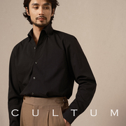 cultum意式一片领泡泡纱衬衫，男长袖商务休闲修身黑色衬衣上衣薄款