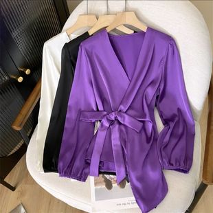v领绸缎上衣轻熟紫色早秋绑带衬衫春季法式收腰设计小众衬衫