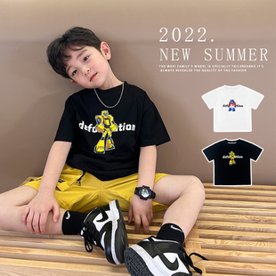 男童t恤短袖，夏季2022年中大童薄款半袖，纯棉潮牌黑色儿童上衣
