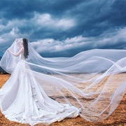 韩式拍照造型白纱新娘写真婚纱拖尾软纱飘逸长款白色头纱