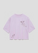 日单纯棉小鸟刺绣圆领五分袖短款宽松大码女T恤粉紫色甜美上衣