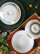 骨瓷欧式家用带盖盘子，有盖深盘金边餐具深盘陶瓷，和合器微波菜盘子