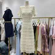 夏季韩版2024年韩国东大门重工净色短袖设计感蕾丝气质修身连衣裙