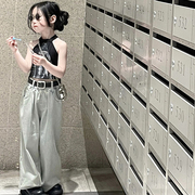 韩版女童2024夏季修身短款挂脖印花上衣时尚休闲牛仔长裤套装