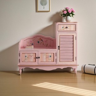 美式实木小清新换鞋凳，入户可坐鞋柜，穿鞋凳简约一体粉色收纳储物柜