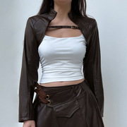 欧美街头辣妹弹力皮革罩衫，女机车潮流，个性金属扣绑带短款外套