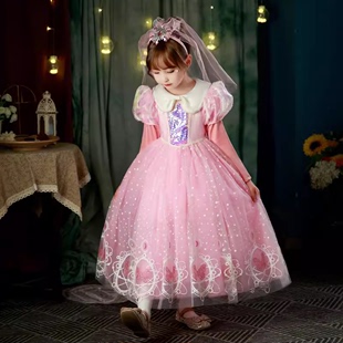 爱沙公主裙女童连衣裙儿童高端粉色礼服蓬蓬裙长款裙子春秋季