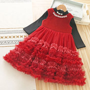 女童连衣裙冬装蛋糕裙公主马甲，礼服蓬蓬裙儿童，红色打底衫两件套群