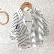 2022春秋男童宝宝儿童衬衫时尚长袖学生韩版竖条纹翻领衬衣潮