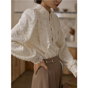 木耳边珍珠扣蕾丝衬衫女设计感小众春秋法式复古翻领气质加绒上衣
