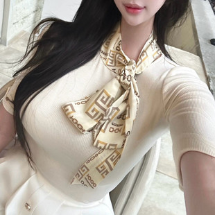 韩国东大门时尚舒适潮流女装，气质飘带中袖紧身t恤打底衫上衣