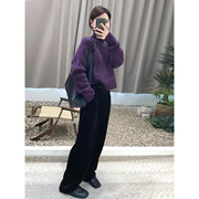紫色高领麻花长袖毛衣女2024春季慵懒风宽松显瘦套头针织上衣